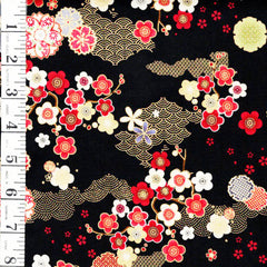*Asian - LOTUS GARDEN - Small Floating Blossoms & Wave Motif - CM3665 - Black - By the Half Yard