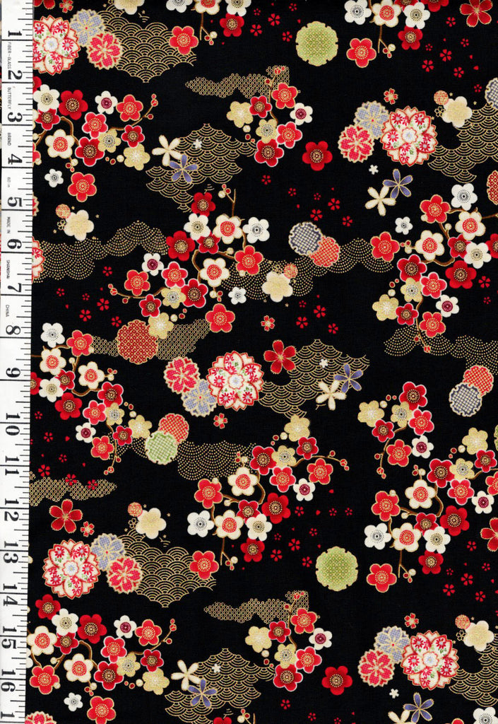 *Asian - LOTUS GARDEN - Small Floating Blossoms & Wave Motif - CM3665 - Black - By the Half Yard