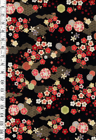 *Asian - LOTUS GARDEN - Small Floating Blossoms & Wave Motif - CM3665 - Black - By the Half Yard