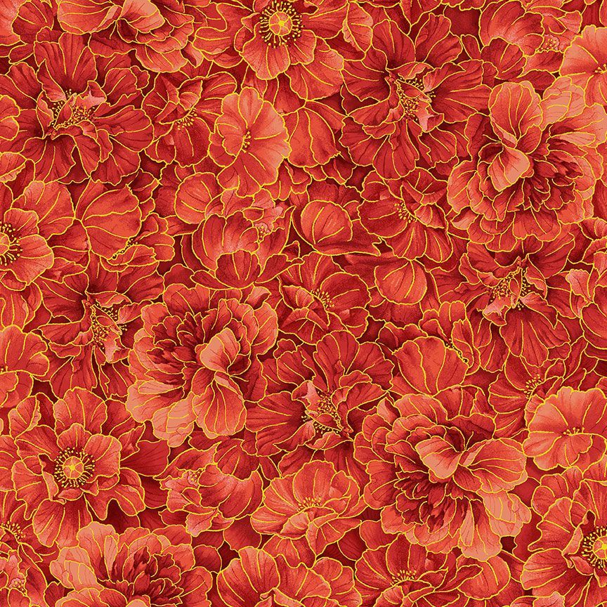 *Asian - IMPERIAL BLOOM - Compact Tonal Peonies - CM4373-RED - By the Half Yard
