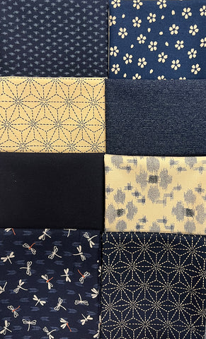 Fat Quarter Color Pack - 8 Japanese Traditional Prints -  Indigo, Navy & Tan