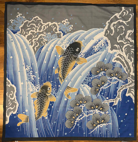 Furoshiki - Japanese Wrapping Cloth - Carp in Waterfall - Blue - Extra Large Size - 46
