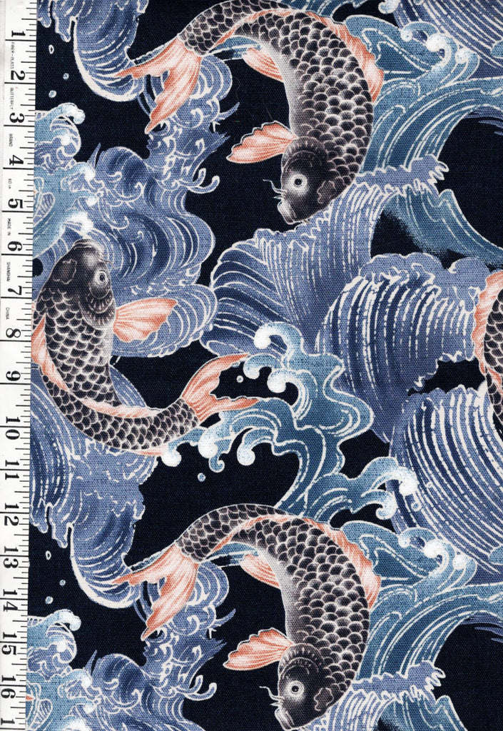 *Japanese - Carp in Turbulent Waves - CANVAS - Indigo - Last 1 yard