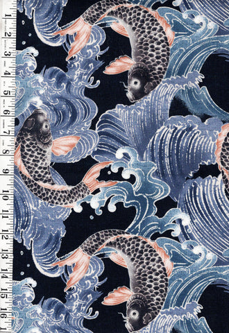 *Japanese - Carp in Turbulent Waves - Canvas - Indigo - Last 1 yard