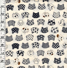 Japanese Novelty - Small Decorative Cat Faces & Small Cats with Gold Coins - Hishiei - H-6856-3A - Ecru - Last 3/4 yard piece
