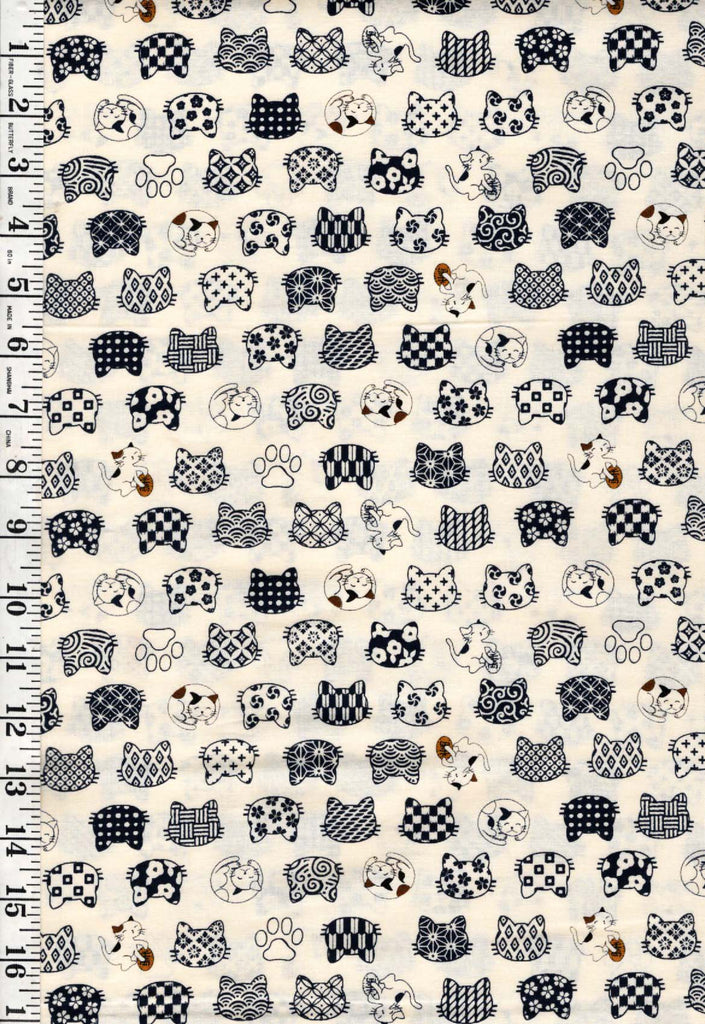 Japanese Novelty - Small Decorative Cat Faces & Small Cats with Gold Coins - Hishiei - H-6856-3A - Ecru - Last 3/4 yard piece