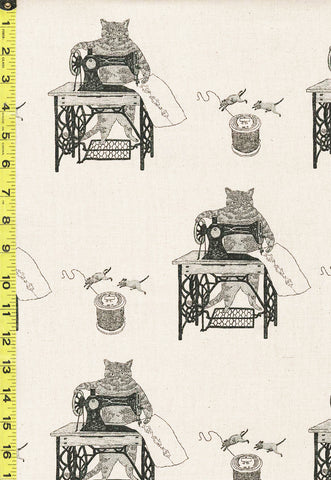 *Japanese - Koizumi Cats & Treadle Sewing Machines - 148-1800-C2 - Cotton-Linen - Natural