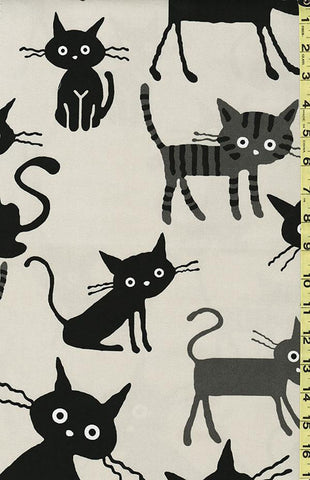 Japanese Novelty - Cocoland Wide Eye Electrified LARGE Cats - Oxford Cloth - CO-10002-1 - Last 2 Yards- NATURAL