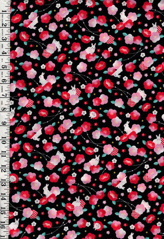 *Japanese - Cosmo  Japanese Novelty - Cosmo Baby Bunnies & Cherry Blossoms - Dobby Texture - AP45103-1E - Black