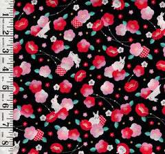 *Japanese - Cosmo  Japanese Novelty - Cosmo Baby Bunnies & Cherry Blossoms - Dobby Texture - AP45103-1E - Black