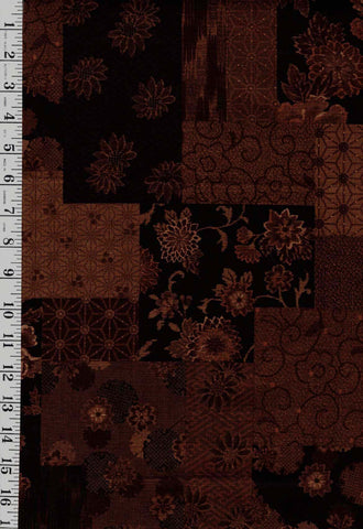 *Japanese - Cosmo Floral Patchwork with Japanese Motifs - Dobby Weave - Brown - Last 1 Yard