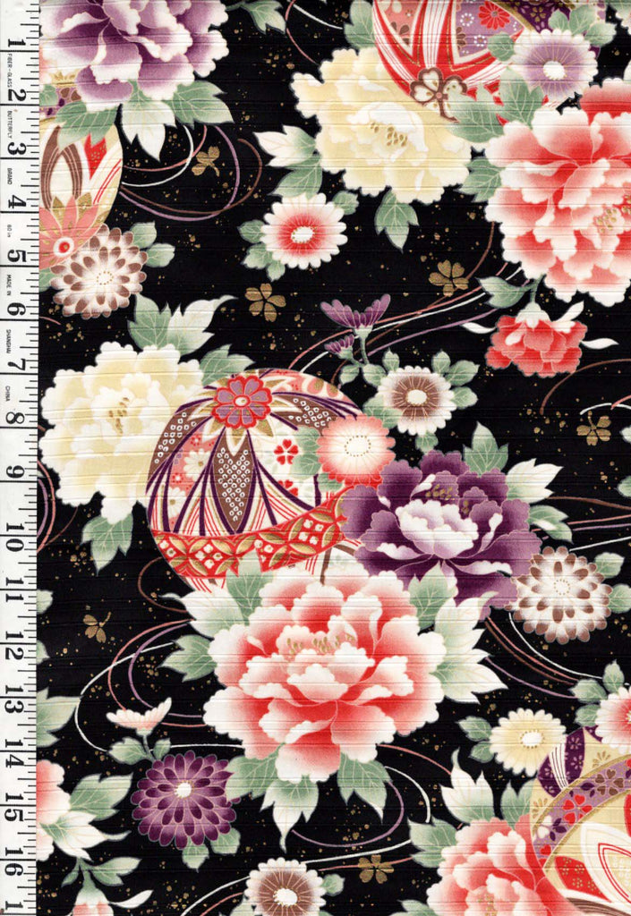 Japanese - Cosmo - Colorful Temari Balls & Floral Bouquets - Cotton Sateen - Black - Last 1 yard