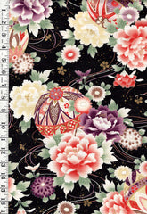 Japanese - Cosmo - Colorful Temari Balls & Floral Bouquets - Cotton Sateen - Black - Last 1 yard