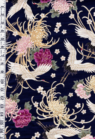 Japanese - Cosmo Flying Cranes, Mums, Peonies & Cherry Blossoms - Shantung Dobby Weave - AP42901-2C - NAVY