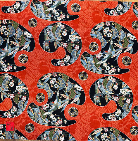Furoshiki - Japanese Wrapping Cloth - Abstract Shapes with Cranes, Bamboo & Flowers - Dark Orange - Naomi Itaya