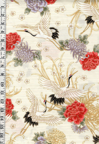 Japanese - Cosmo Flying Cranes, Mums, Peonies & Cherry Blossoms - Shantung Dobby Weave - AP42901-2A - CREAM