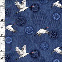 *Japanese - Small Flying Cranes & Floating Crests - Navy - Last 2/3 yards