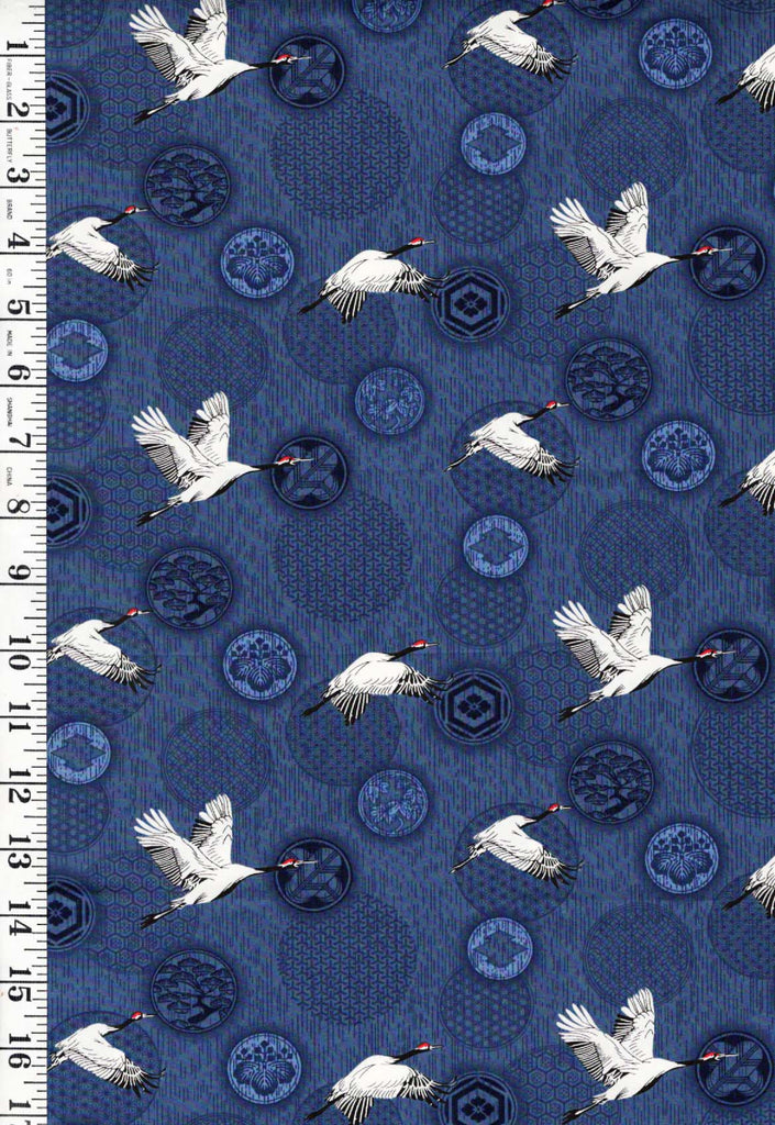 *Japanese - Small Flying Cranes & Floating Crests - Navy - Last 2/3 yards