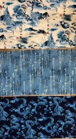 Kona Bay - Abstract Kanji, Tonal Dragons, Scenic Mountains & Cranes - 3 pieces - 1/3 yard each (12