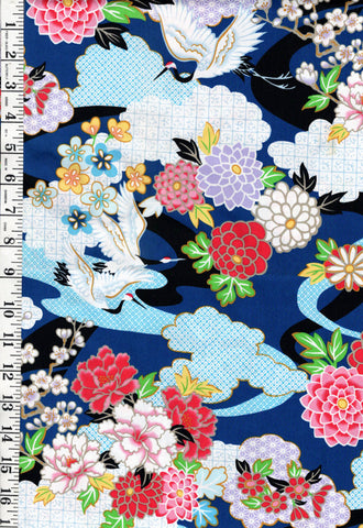 *Asian - Cranes, Mums & Shibori Motif Clouds - Blue - 1 yard pieces