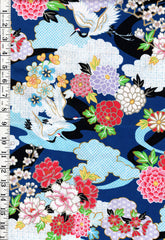 *Asian - Cranes, Mums & Shibori Motif Clouds - Blue - 1 yard pieces