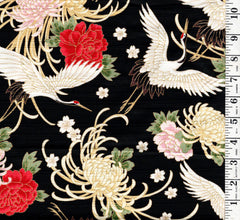 Japanese - Cosmo Flying Cranes, Mums, Peonies & Cherry Blossoms - Shantung Dobby Weave - AP42901-2D-Black