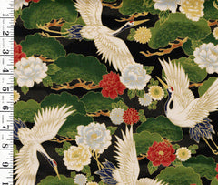 *Japanese - Flying Cranes, Pines & Peonies (Slightly Denser/ Heavier Weight) - CYS-1001-F - Black - By the Half Yard