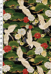 *Japanese - Flying Cranes, Pines & Peonies (Slightly Denser/ Heavier Weight) - CYS-1001-F - Black - By the Half Yard