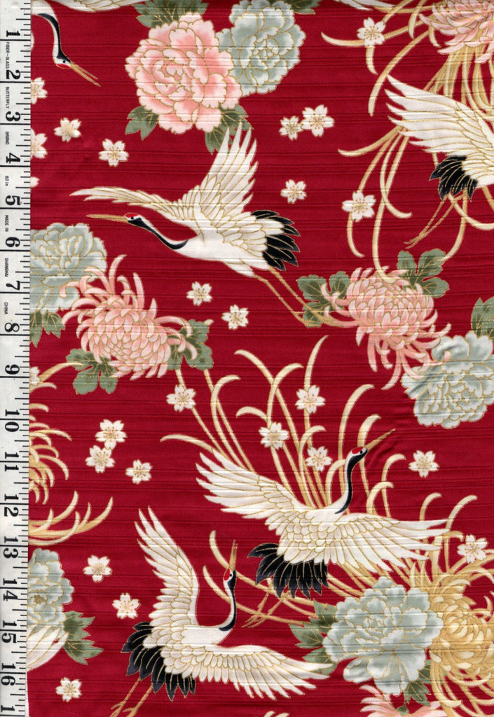 *Japanese - Cosmo Flying Cranes, Mums, Peonies & Cherry Blossoms - Shantung Dobby Weave - AP42901-2B - RED