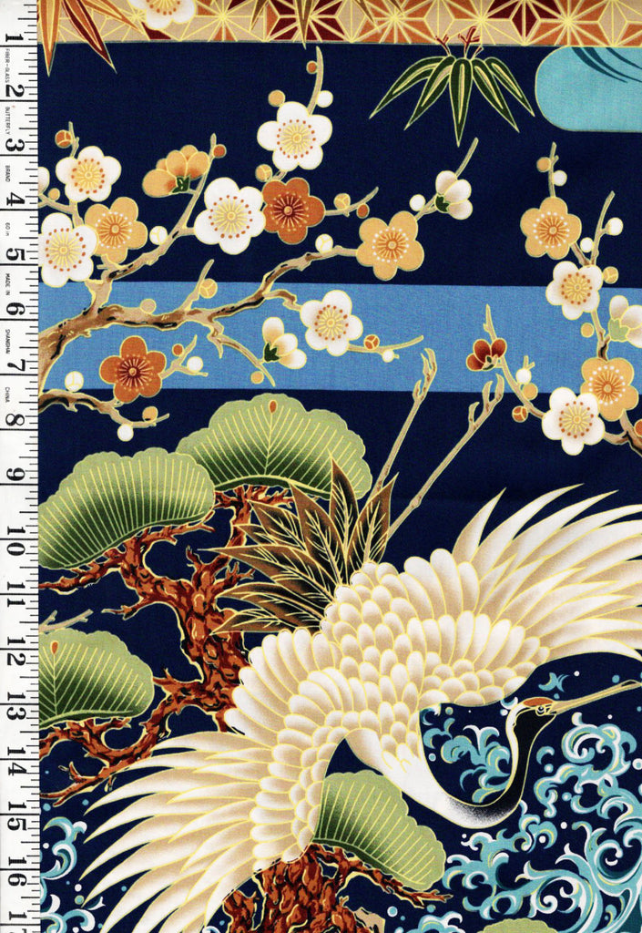 *Asian - Large Flying Cranes, Pines, Waves & Cherry Blossoms - Navy - Last 1 yard