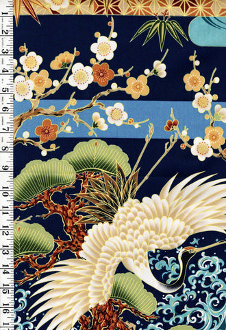 *Asian - Large Flying Cranes, Pines, Waves & Cherry Blossoms - Navy - Last 1 yard