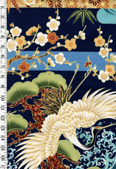 *Asian - Large Flying Cranes, Pines, Waves & Cherry Blossoms - Navy - Last 1 yard