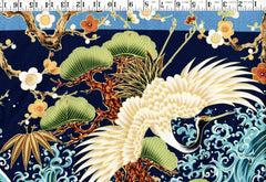 *Asian - Large Flying Cranes, Pines, Waves & Cherry Blossoms - Navy - Last 1 yard