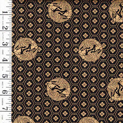 *Quilt Gate - Crane Crests & Hexagons - Gold Metallic - HR3530-13F - Black - By the Half Yard