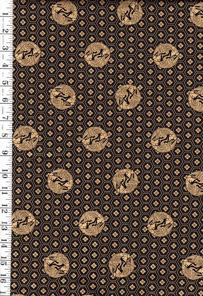 *Quilt Gate - Crane Crests & Hexagons - Gold Metallic - HR3530-13F - Black - By the Half Yard