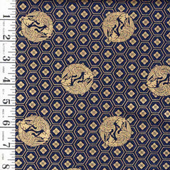 *Quilt Gate - Crane Crests & Hexagons - Gold Metallic - HR3530-13E - Navy - By the Half Yard