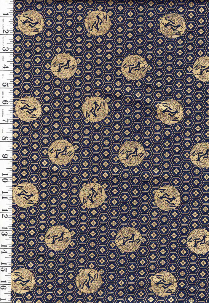 *Quilt Gate - Crane Crests & Hexagons - Gold Metallic - HR3530-13E - Navy - By the Half Yard