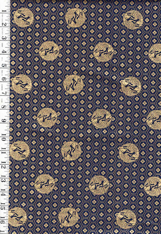 *Quilt Gate - Crane Crests & Hexagons - Gold Metallic - HR3530-13E - Navy - By the Half Yard