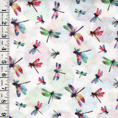 *Fabric Art - Northcott Dragonfly Dance - Small Colorful Dragonflies - DP27504-10 - White