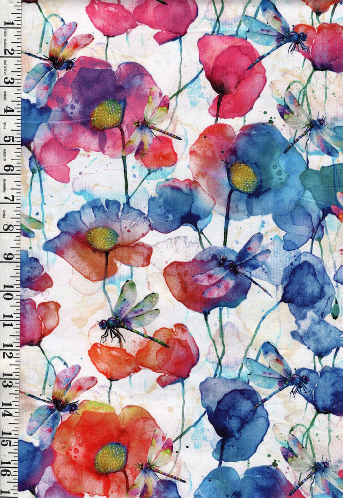 *Fabric Art - Northcott Dragonfly Dance - Colorful Poppies & Dragonflies - DP27502-10 - White Multi