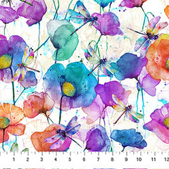 *Fabric Art - Northcott Dragonfly Dance - Colorful Poppies & Dragonflies - DP27502-10 - White Multi