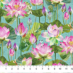 Asian - Northcott Water Lilies - Lotus Blossoms & Lily Pads - DP25057-64 - Aqua
