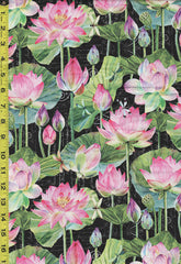 Asian - Northcott Water Lilies - Lotus Blossoms & Lily Pads - DP25057-99 - Black - Last 2 3/8 Yards
