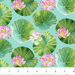 Asian - Northcott Water Lilies - Floating Lily Pads & Lotus Blossoms - DP25059-64 - Aqua