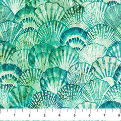 Tropical - Northcott VITAMIN SEA - Sea Scallop Shells - DP25419-64 - Turquoise-Multi