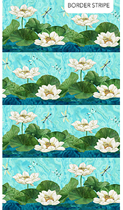 *Fabric Art - Northcott Tranquil Waters - Dragonflies, Lotus Leaves & Water Lily Stripe - DP27207-48 - Turquoise