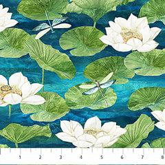 *Fabric Art - Northcott Tranquil Waters - Dragonflies, Lotus Leaves & Water Lilies - DP27208-48 - Navy