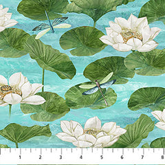 *Fabric Art - Northcott Tranquil Waters - Dragonflies, Lotus Leaves & Water Lilies - DP27208-68 - Turquoise