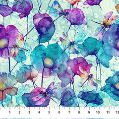 *Fabric Art - Northcott Dragonfly Dance - Colorful Poppies & Dragonflies - DP27502-62 - Blue Multi