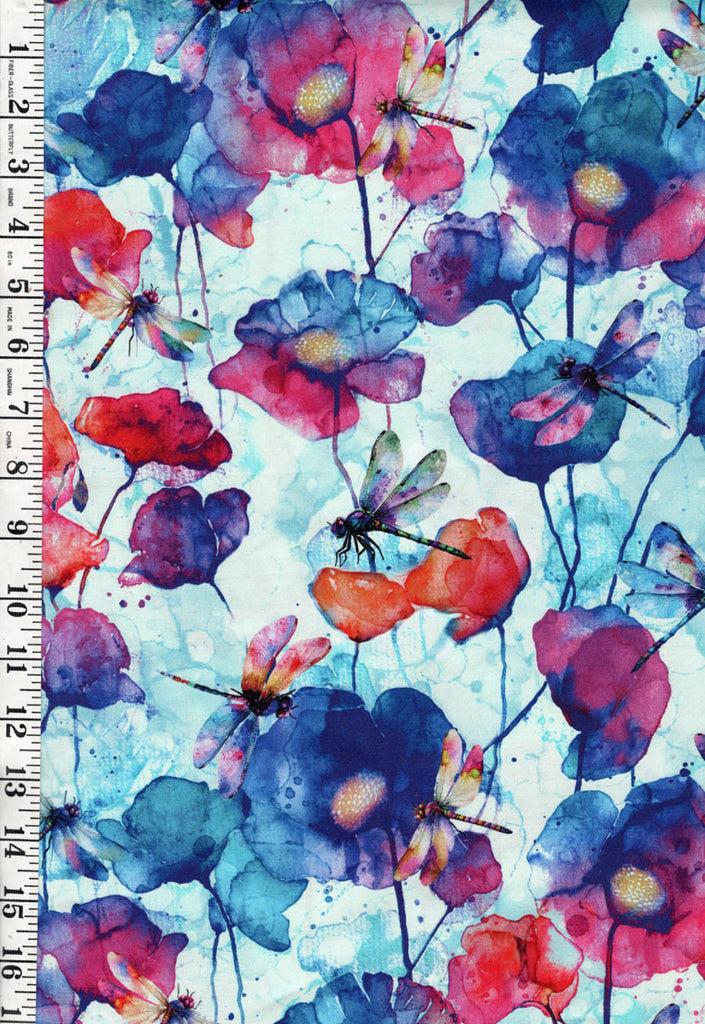 *Fabric Art - Northcott Dragonfly Dance - Colorful Poppies & Dragonflies - DP27502-62 - Blue Multi